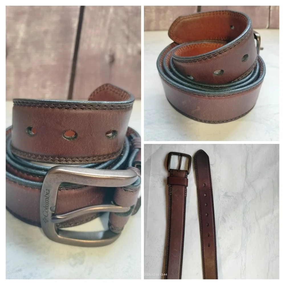 Columbia Men's Brown Genuine Leather Belt Sz 44 Metal Buckle